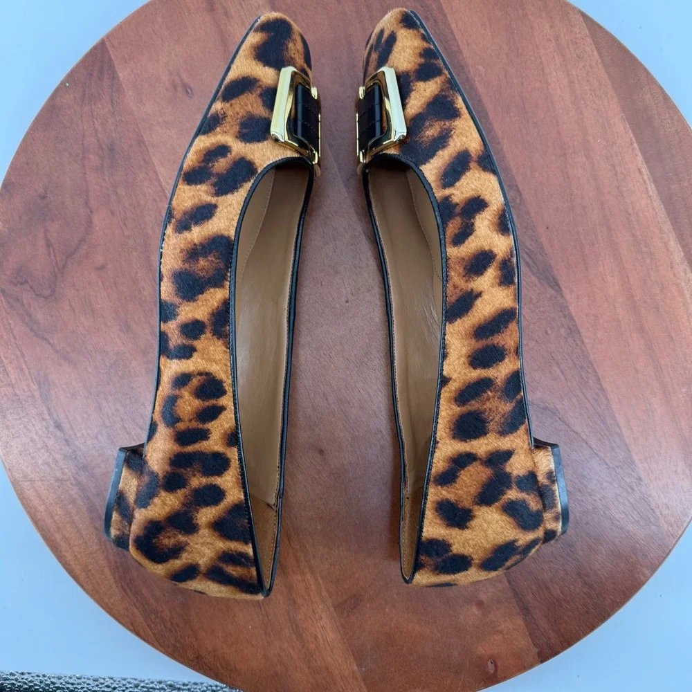 Talbots Leather Flats Leopard Calf Hair Gold Buckle Square Toe Brazil Women 10.5